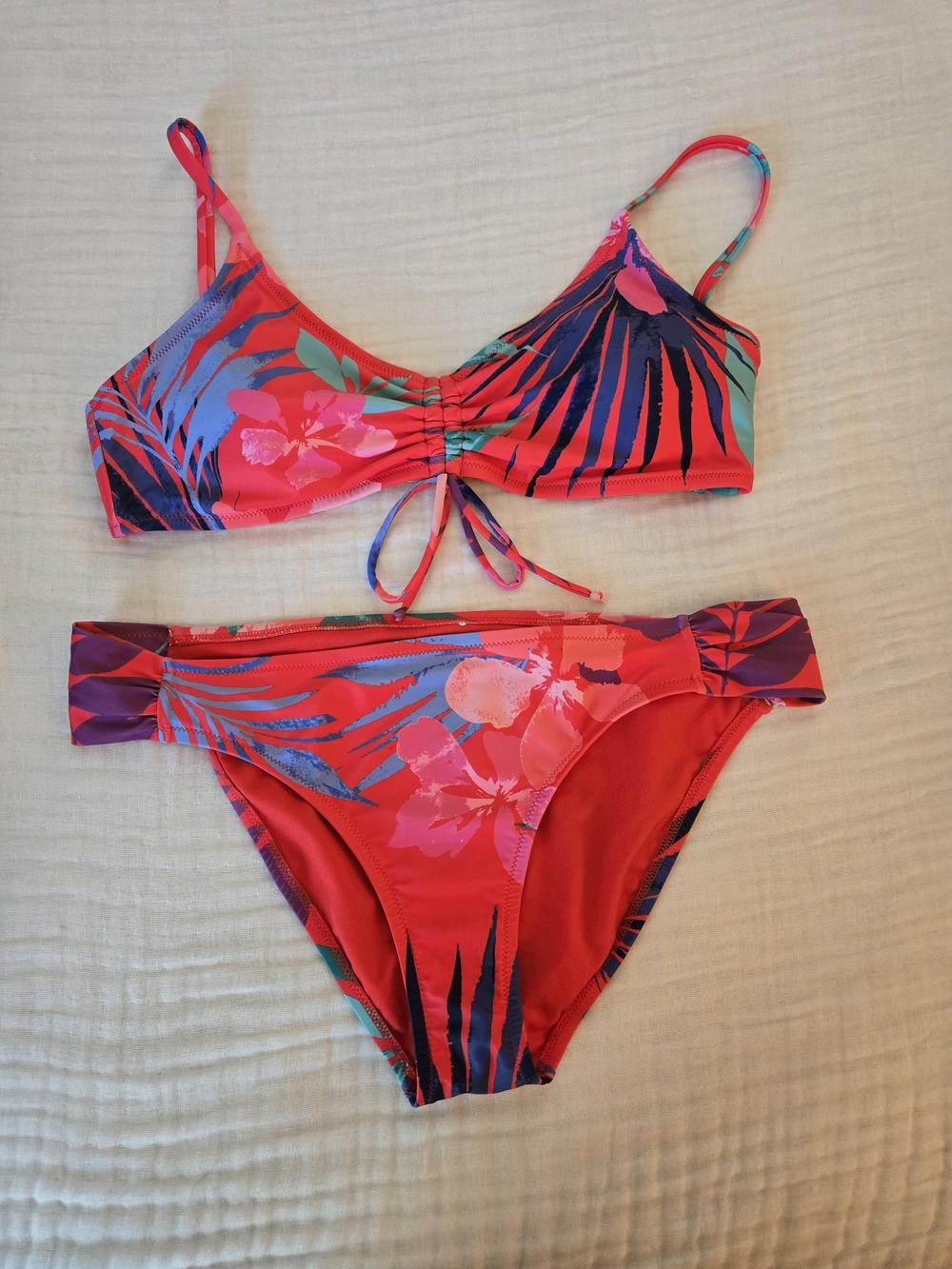 Jessica Simpson Red Pink Green Tropical Print Bikini